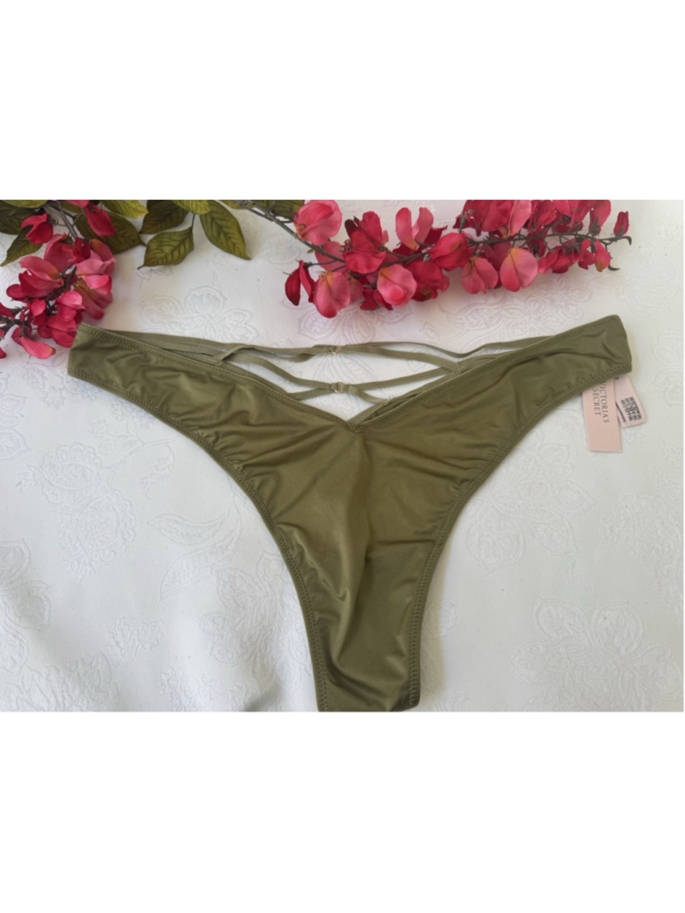 VICTORIA'S SECRET XL GREEN SILKY VERY SEXY STRAPPY HI LEG THONG TANGA PANTIES